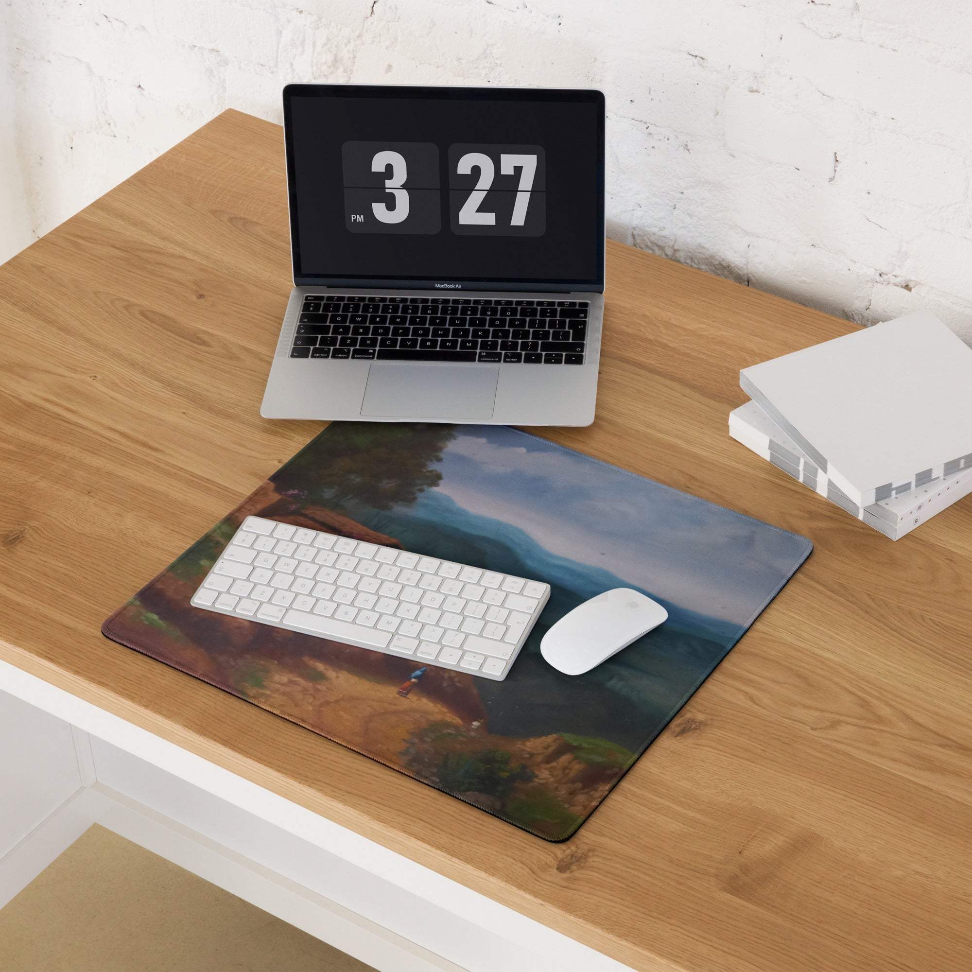 Artistic landscape large gaming mouse pad with serene mountains and village scene