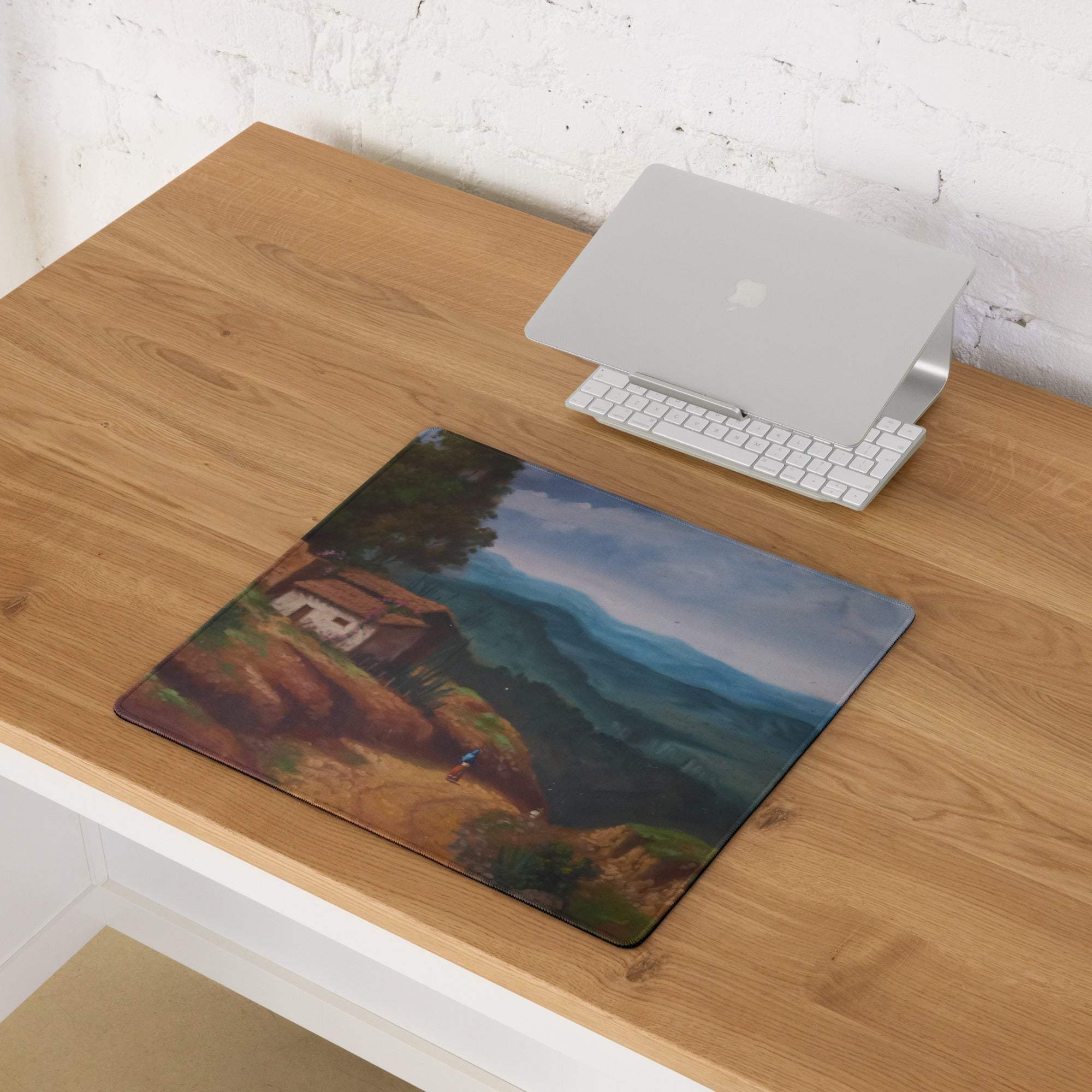 Artistic landscape large gaming mouse pad with rustic cottage hills mountains