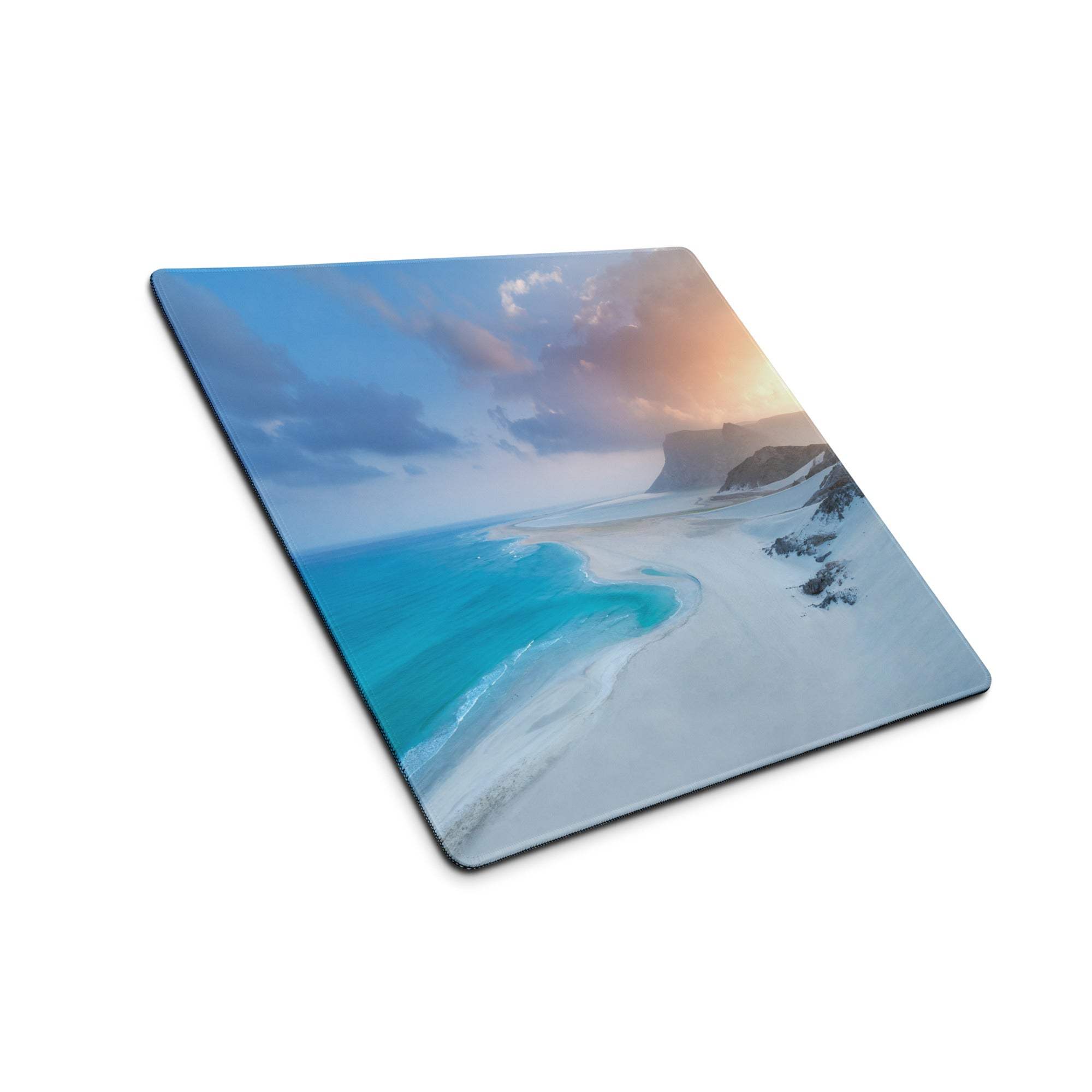 Coastal ocean blue sunset serenity gaming mouse pad with turquoise waves on beige sand