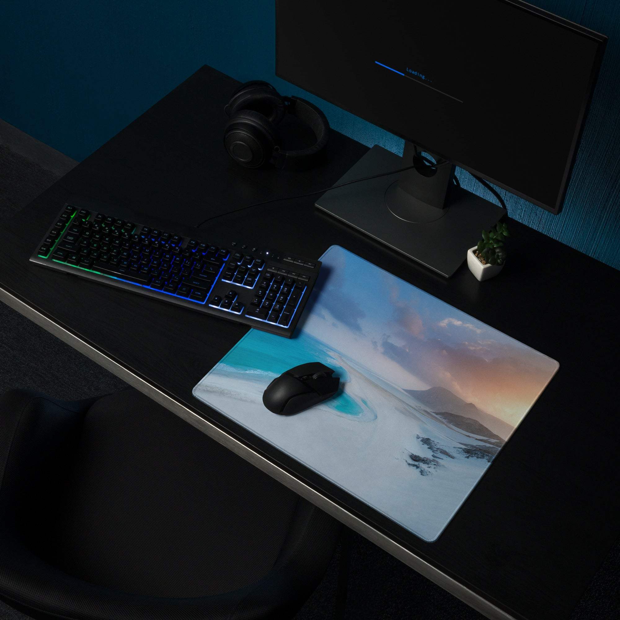 Coastal ocean blue sunset serenity gaming mouse pad with mountains