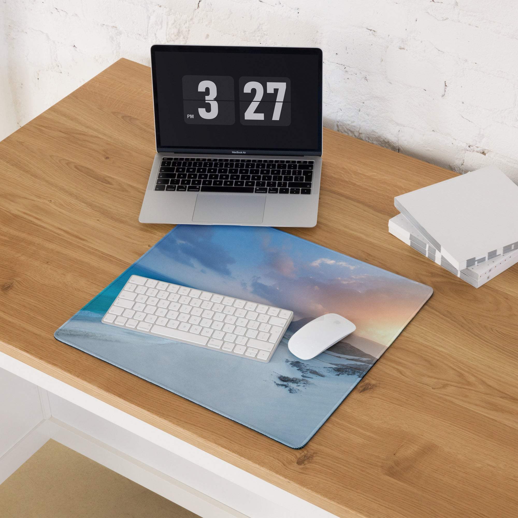 Coastal ocean blue sunset gaming mousepad with keyboard and mouse