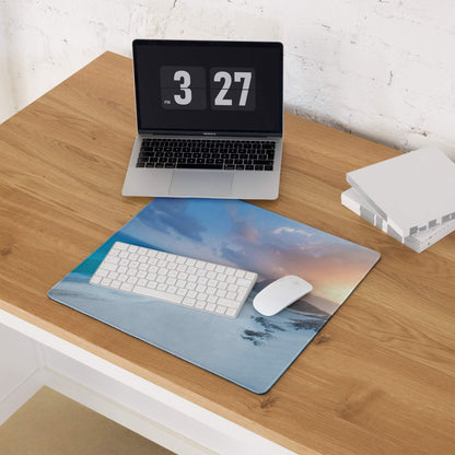 Coastal ocean blue sunset gaming mousepad with keyboard and mouse