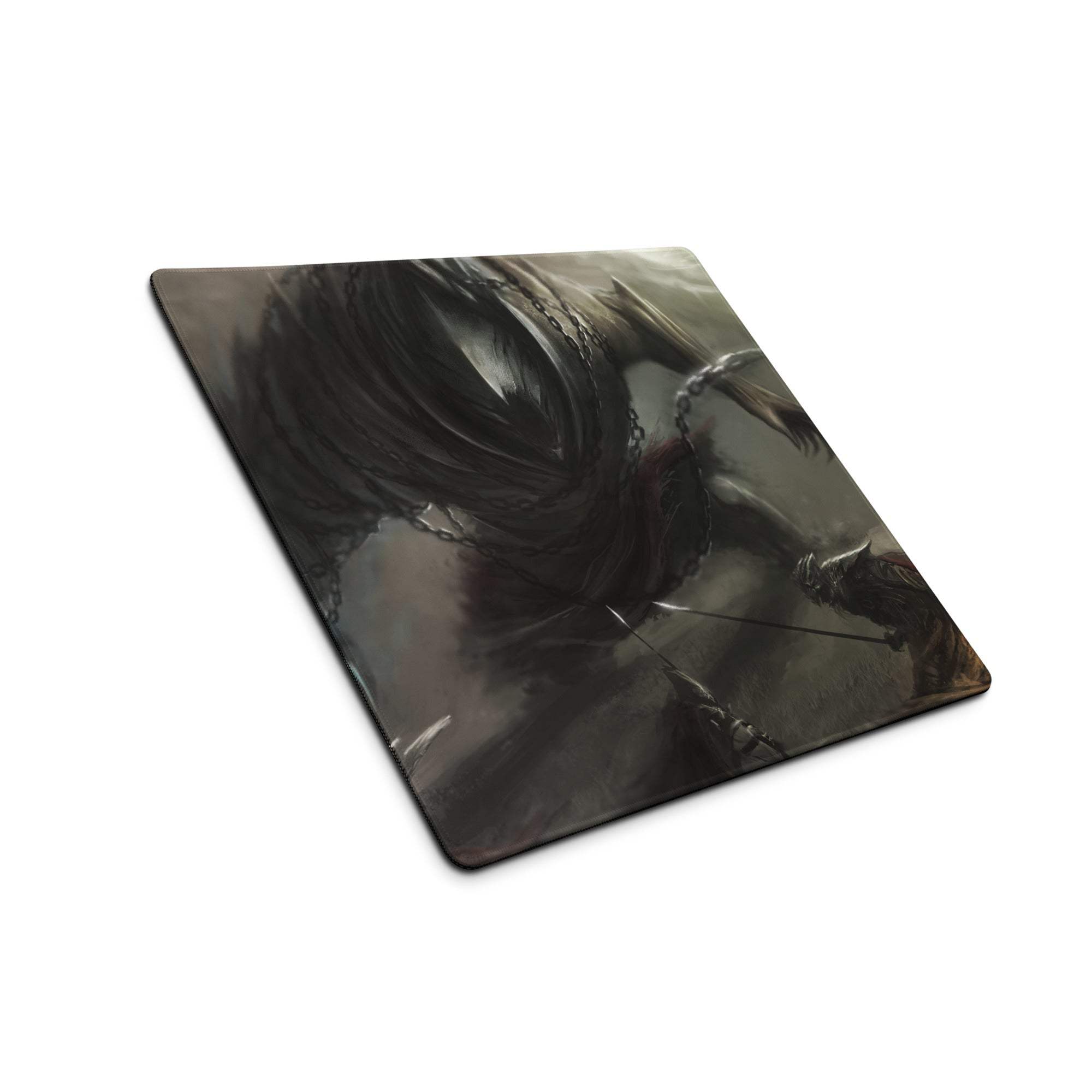 Black and gray fantasy battle scene gaming mouse pad large with stitching