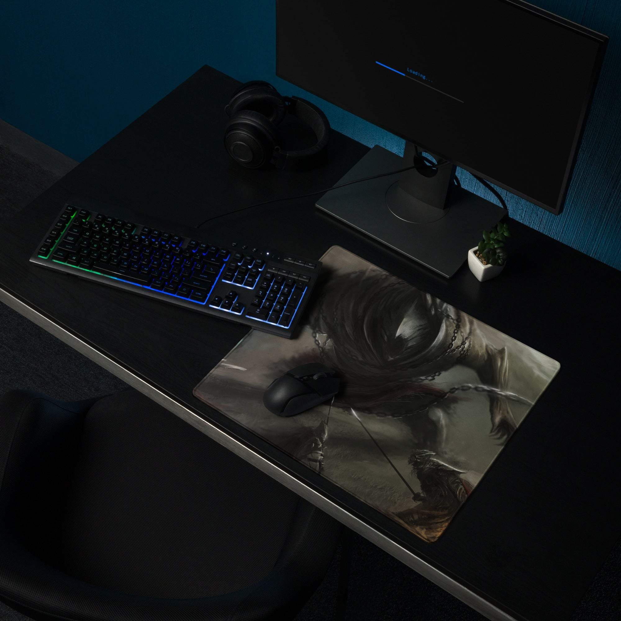 Black and gray fantasy warrior gaming mouse pad with non-slip surface