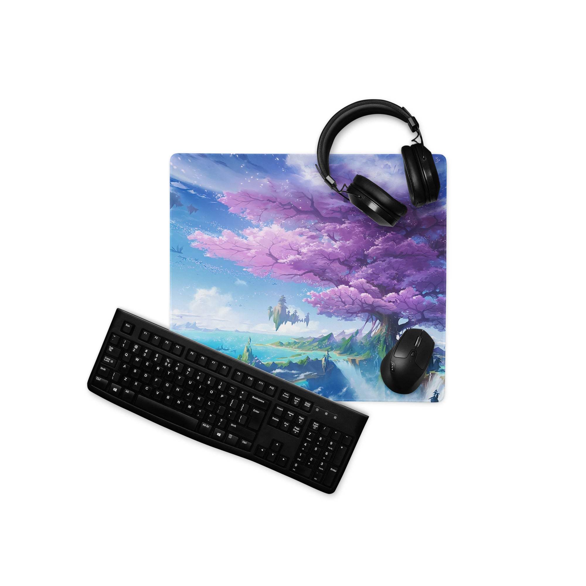 Fantasy sakura tree gaming mousepad with purple blossoms and floating islands