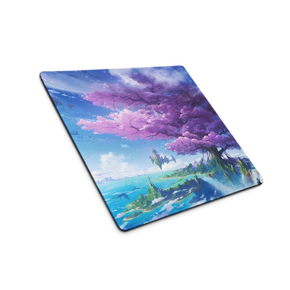 Fantasy landscape gaming mouse pad with sakura tree, vibrant blues and pinks