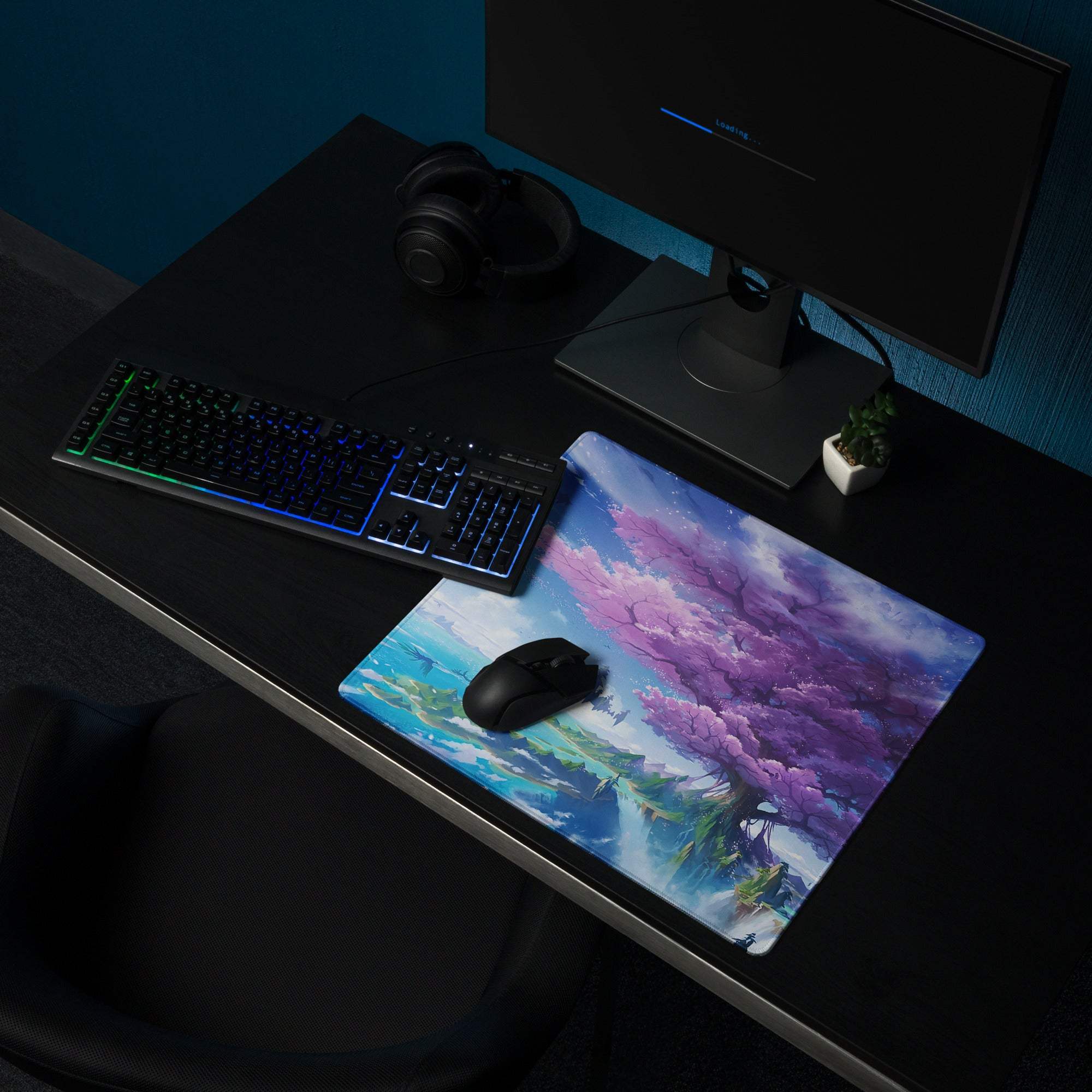Vibrant purple cherry blossom gaming mouse pad with non-slip base, large size