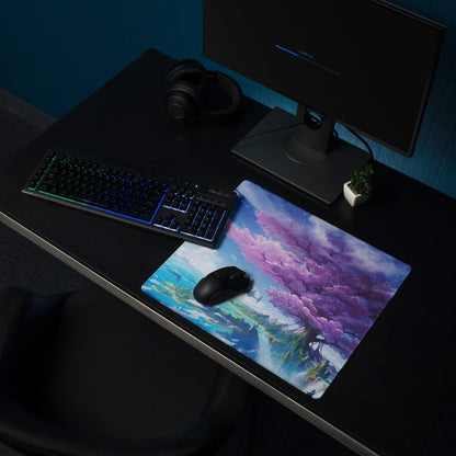 Fantasy Sakura gaming mousepad with purple blossoms, blue sky, waterfall