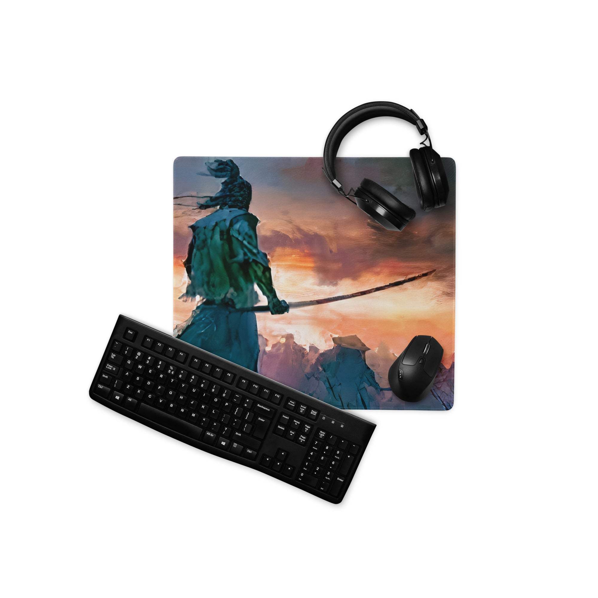 Black samurai warrior in teal armor with sword on fiery sunset gaming mousepad