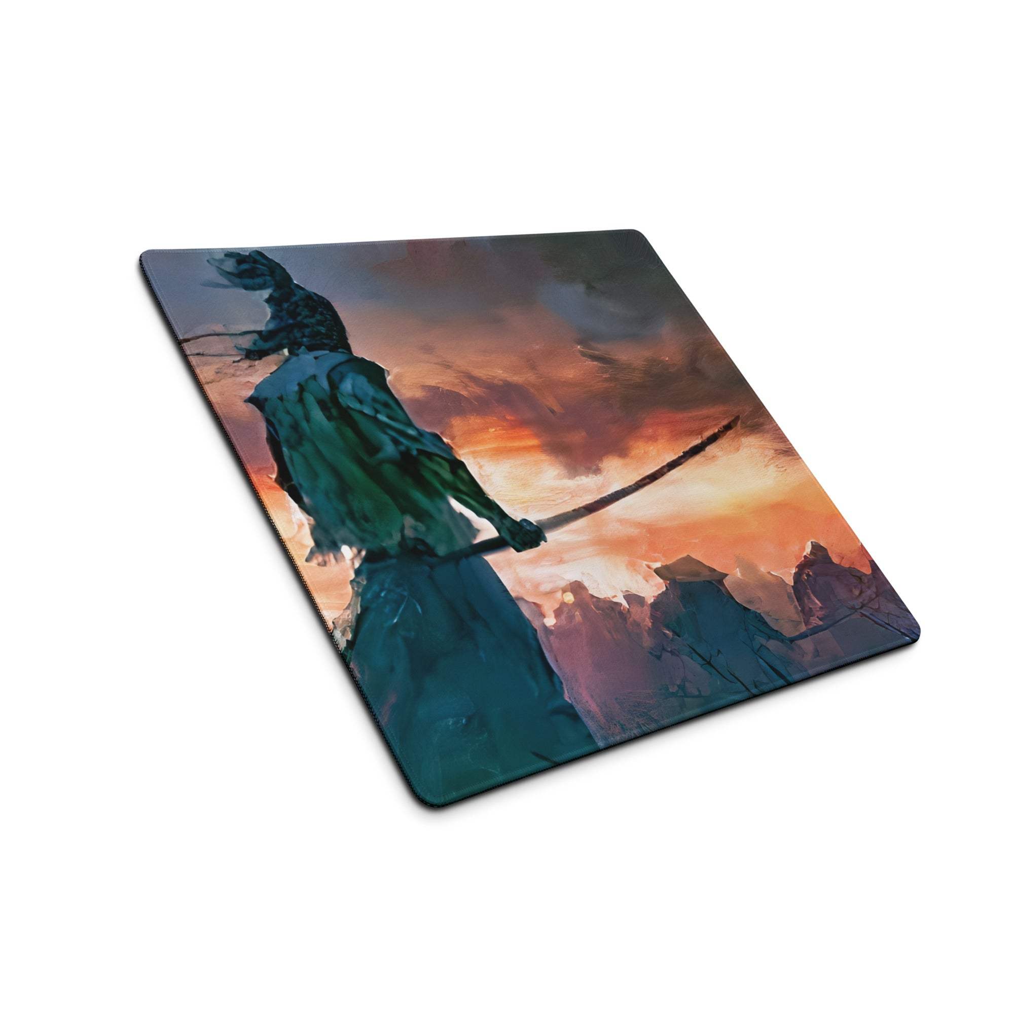 Epic fantasy warrior with sword in fiery sunset battle scene mousepad