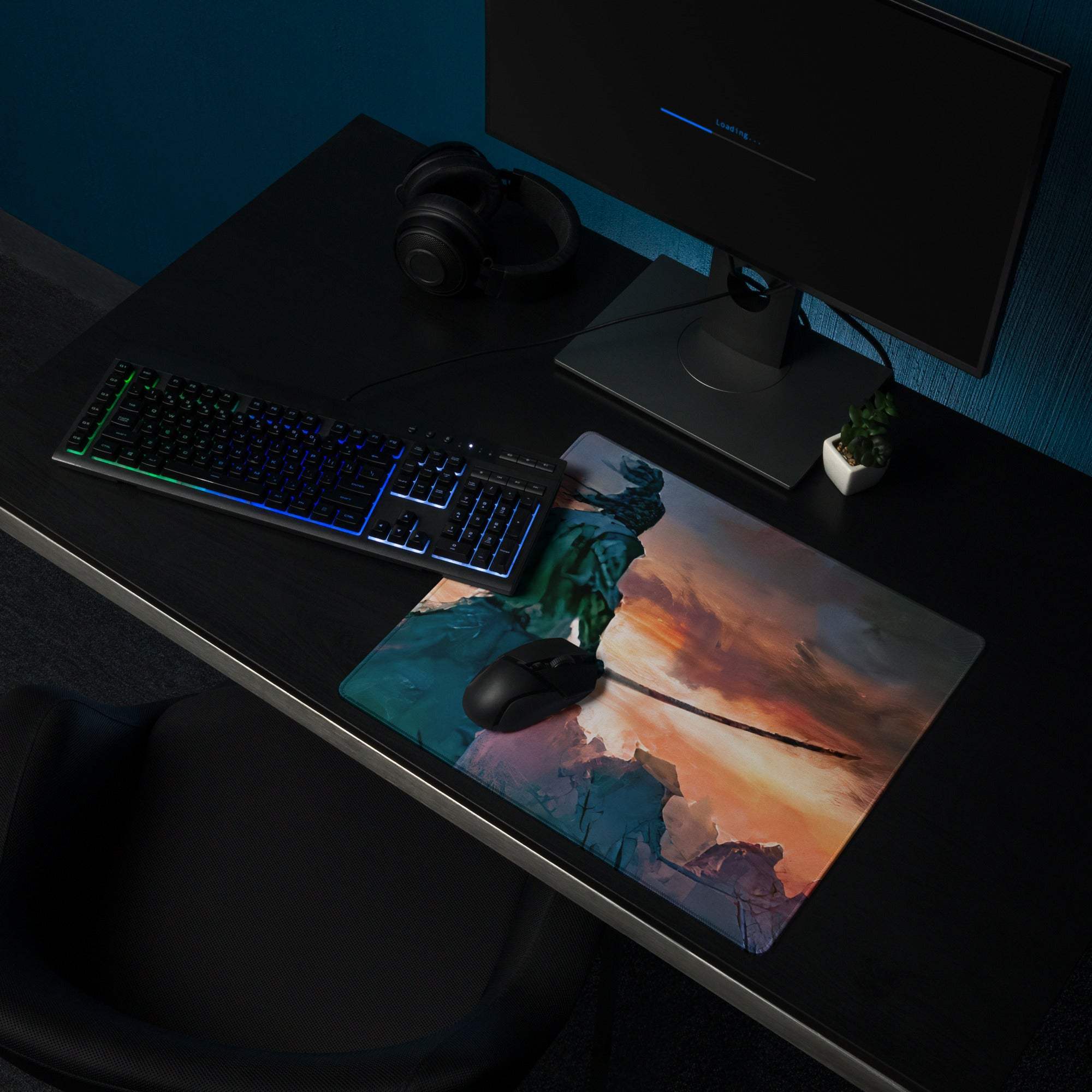 Epic fantasy warrior with sword in fiery sunset battle gaming mousepad