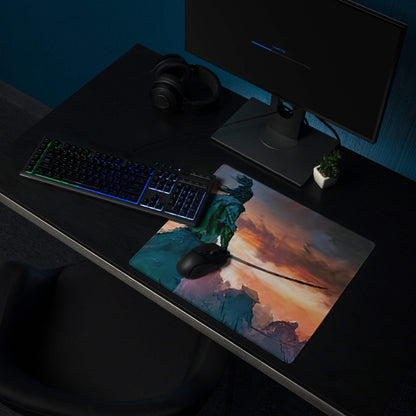 Epic fantasy warrior with sword in fiery sunset battle gaming mousepad