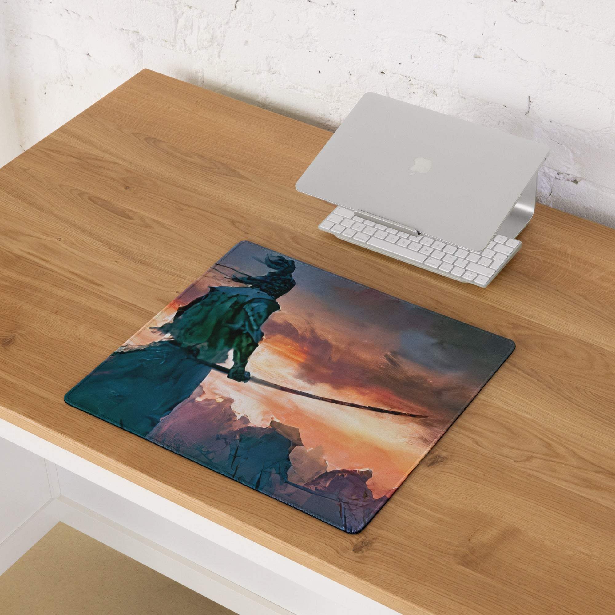 Samurai in green armor with sword on rocky terrain, fiery sunset gaming mouse pad