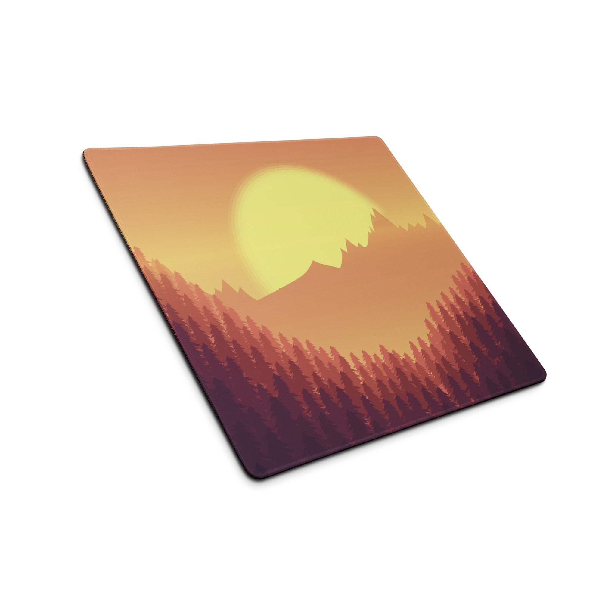 Epic Sunset Mountain Forest large gaming mouse pad with stylized warm sunset over mountains and pines