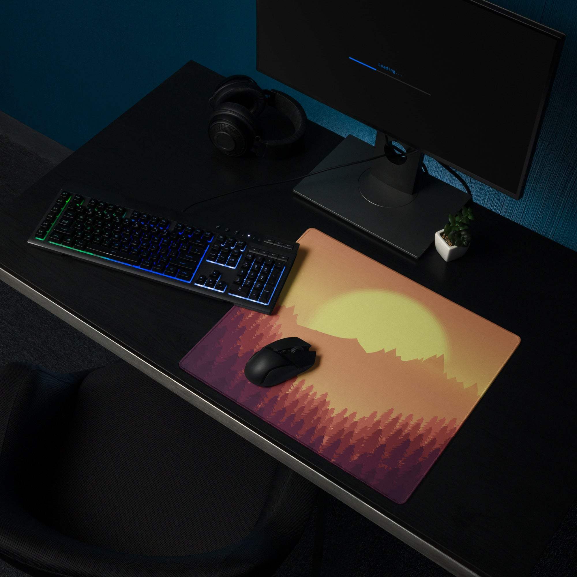 Epic Sunset Mountain Forest large gaming mouse pad with vibrant sunset over silhouetted mountains