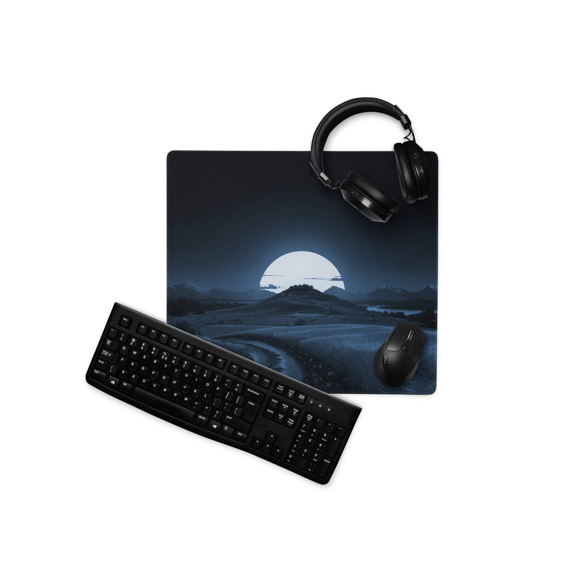 Moonlit night landscape deep blue gaming mouse pad with glowing moon over mountains