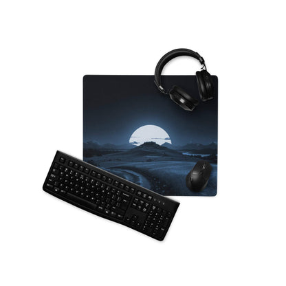 Moonlit night landscape deep blue gaming mouse pad with glowing moon over mountains