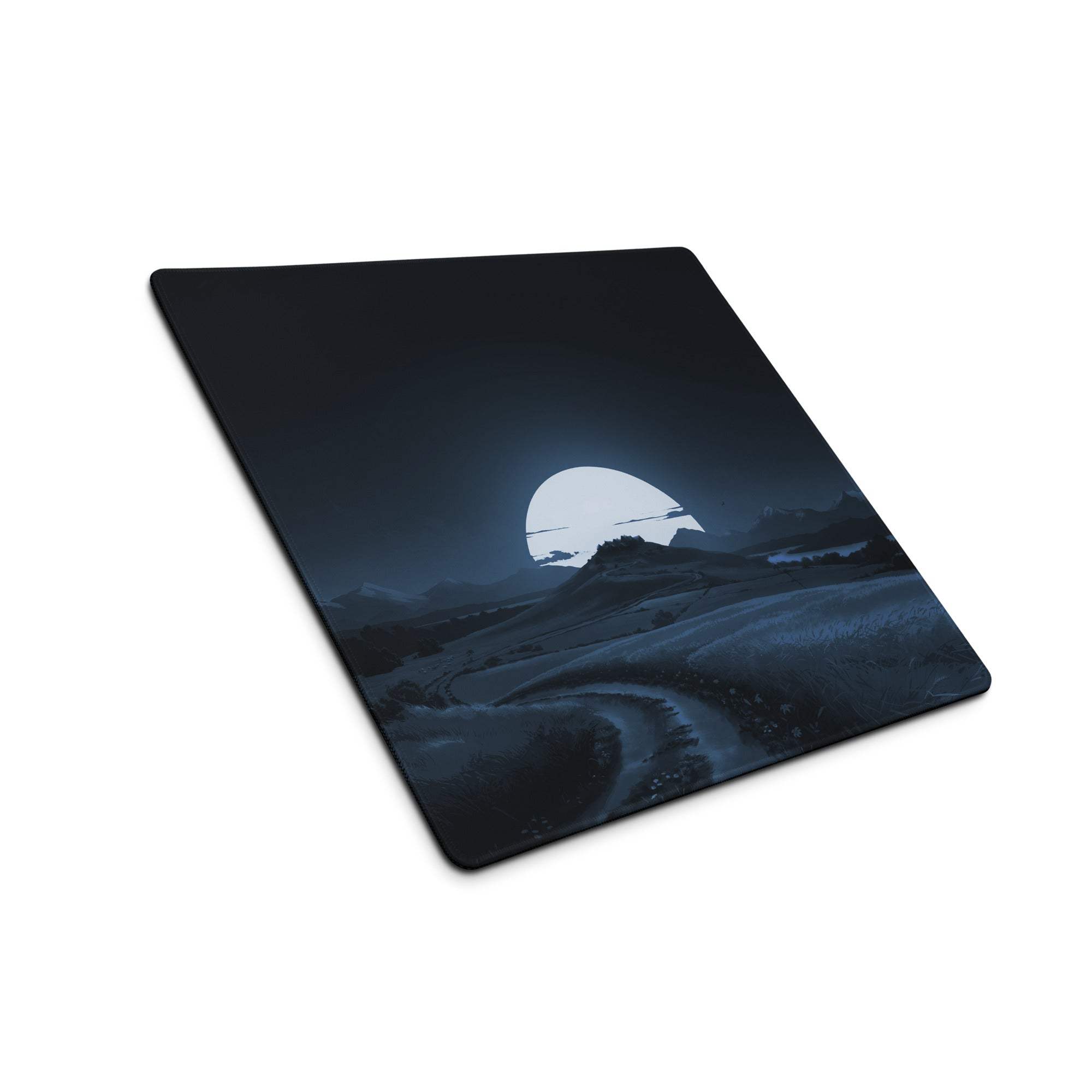 Moonlit Night Landscape deep blue non-slip gaming mouse pad with crescent moon hills