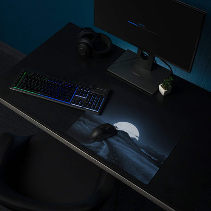 Moonlit night landscape deep blue gaming mouse pad with moonrise mountains