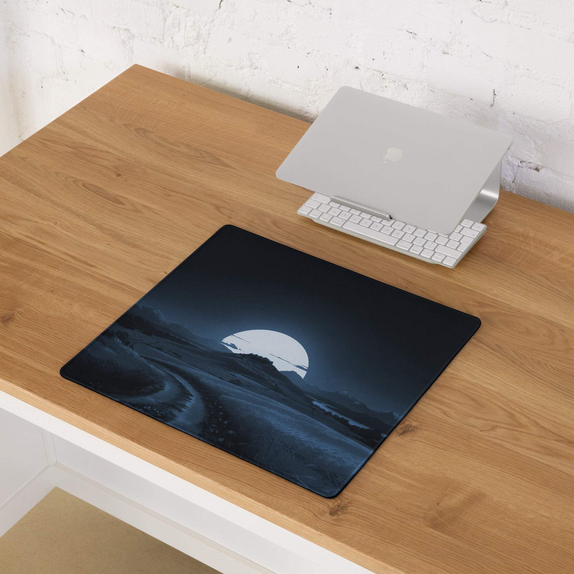 Black rectangular gaming mousepad with moonlit night landscape, deep blue waves, non-slip large size