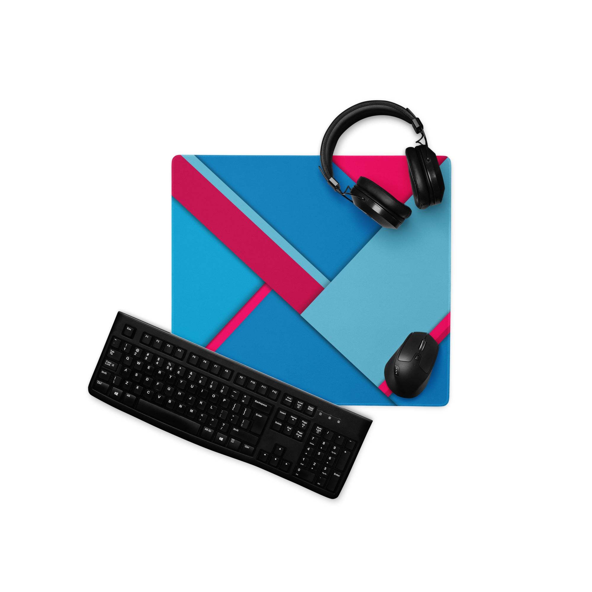 Large blue pink geometric gaming mouse pad with non-slip base