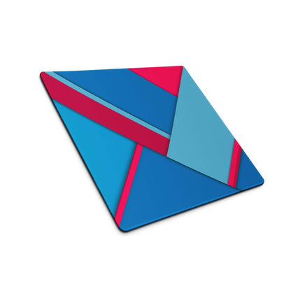 Large geometric blue pink gaming mouse pad with bold triangular patterns