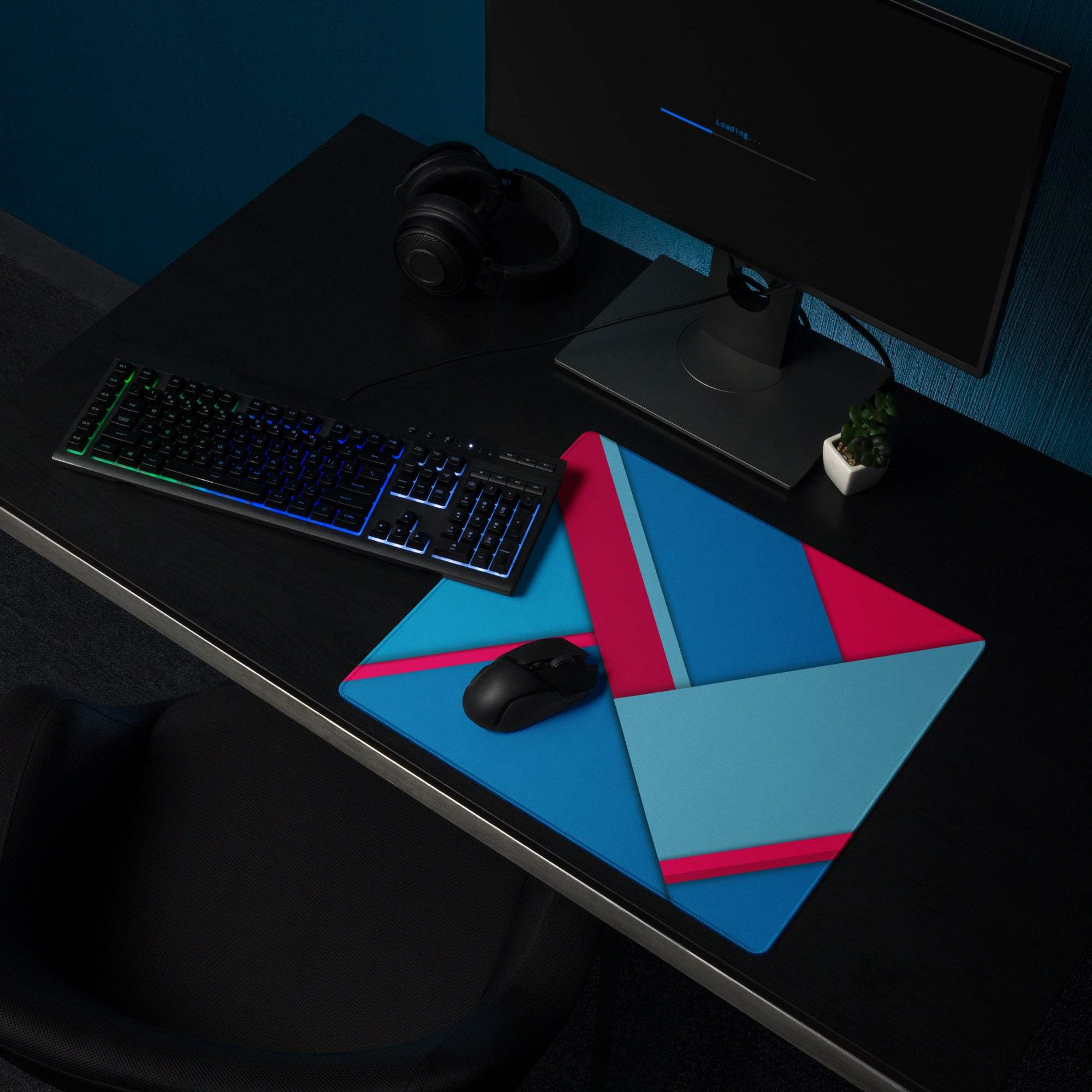 Large geometric blue pink gaming mouse pad with non-slip base