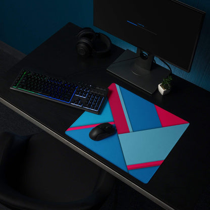 Large geometric blue pink gaming mouse pad with non-slip base