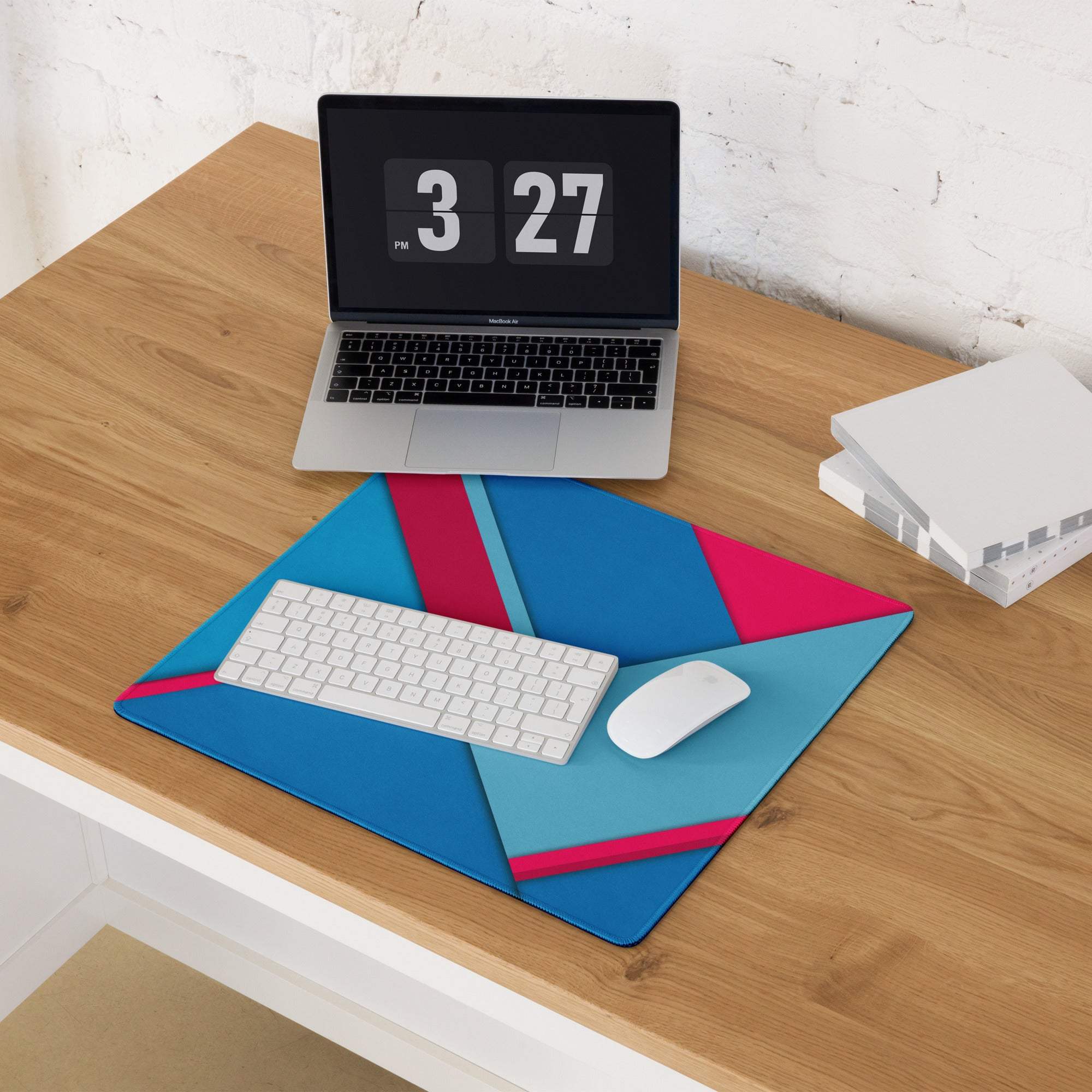 Large blue pink geometric gaming mouse pad with non-slip base