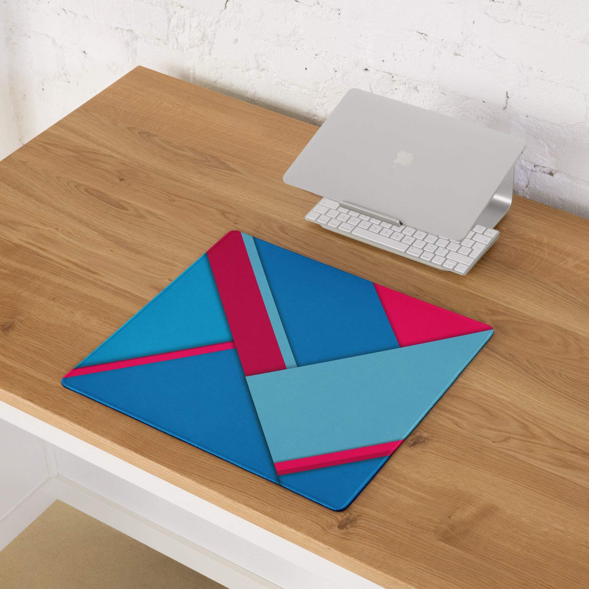 Large geometric blue pink gaming mouse pad with non-slip base