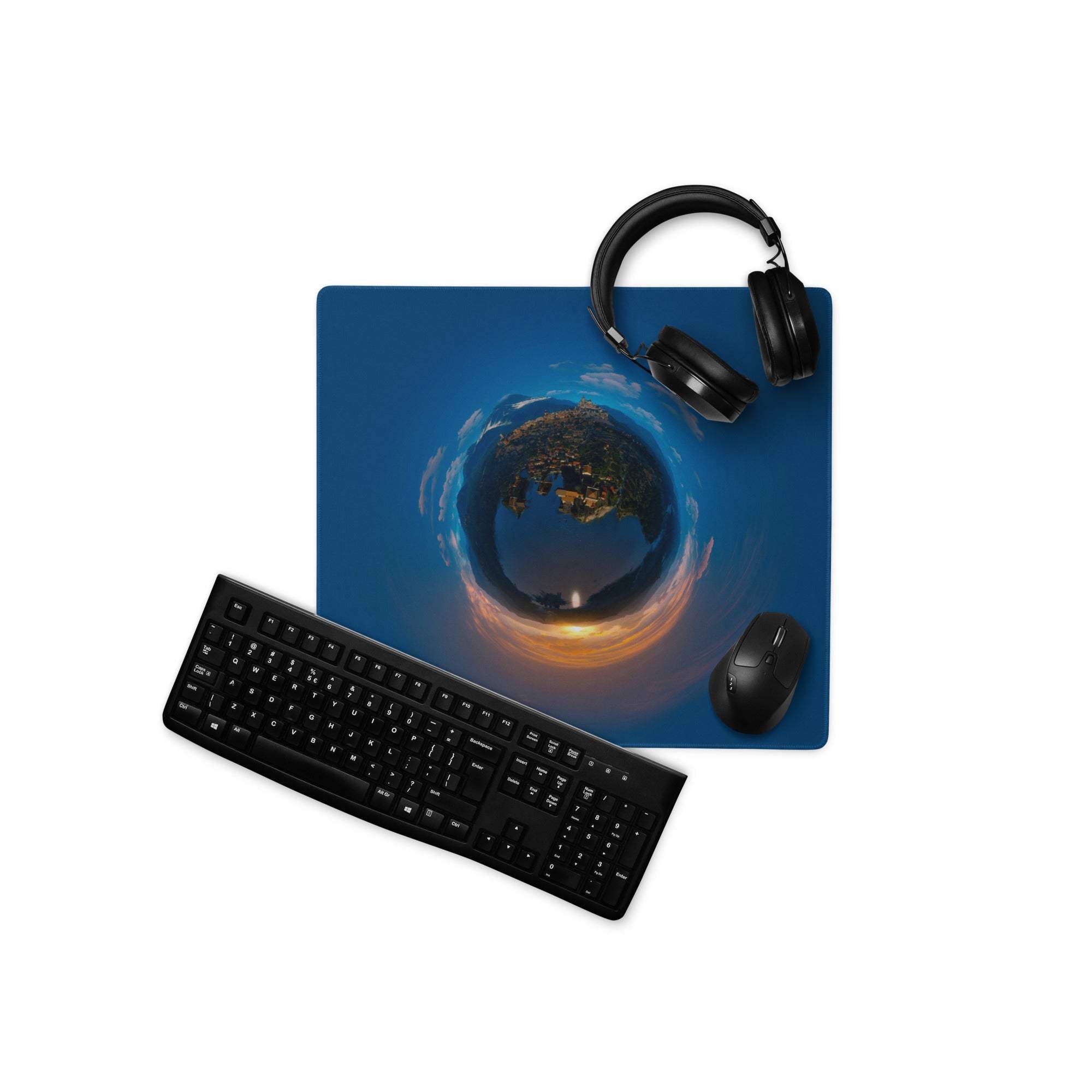 Blue cosmic ocean gaming mousepad with sunset coastal town panorama