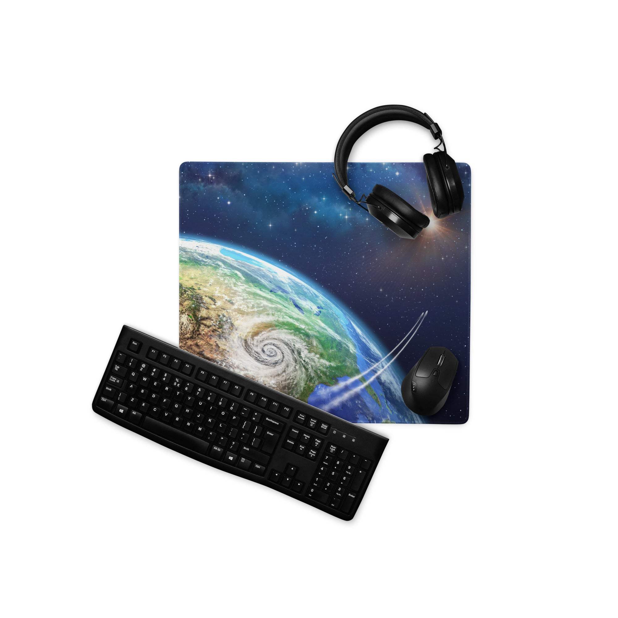Black wireless gaming headset on Stellar Earth From Space mousepad