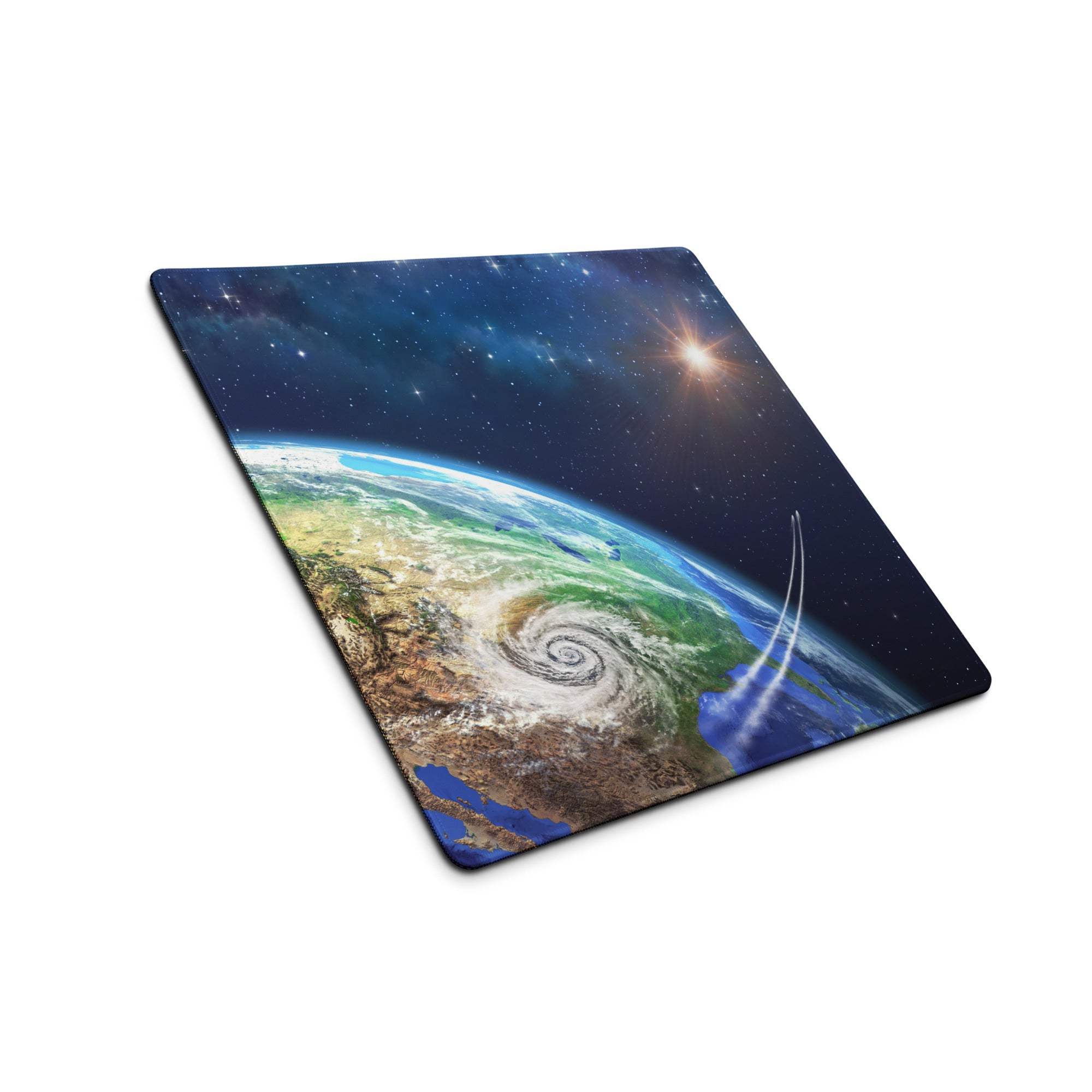 Stellar Earth from space gaming mouse pad with vivid Earth, clouds, stars, sun