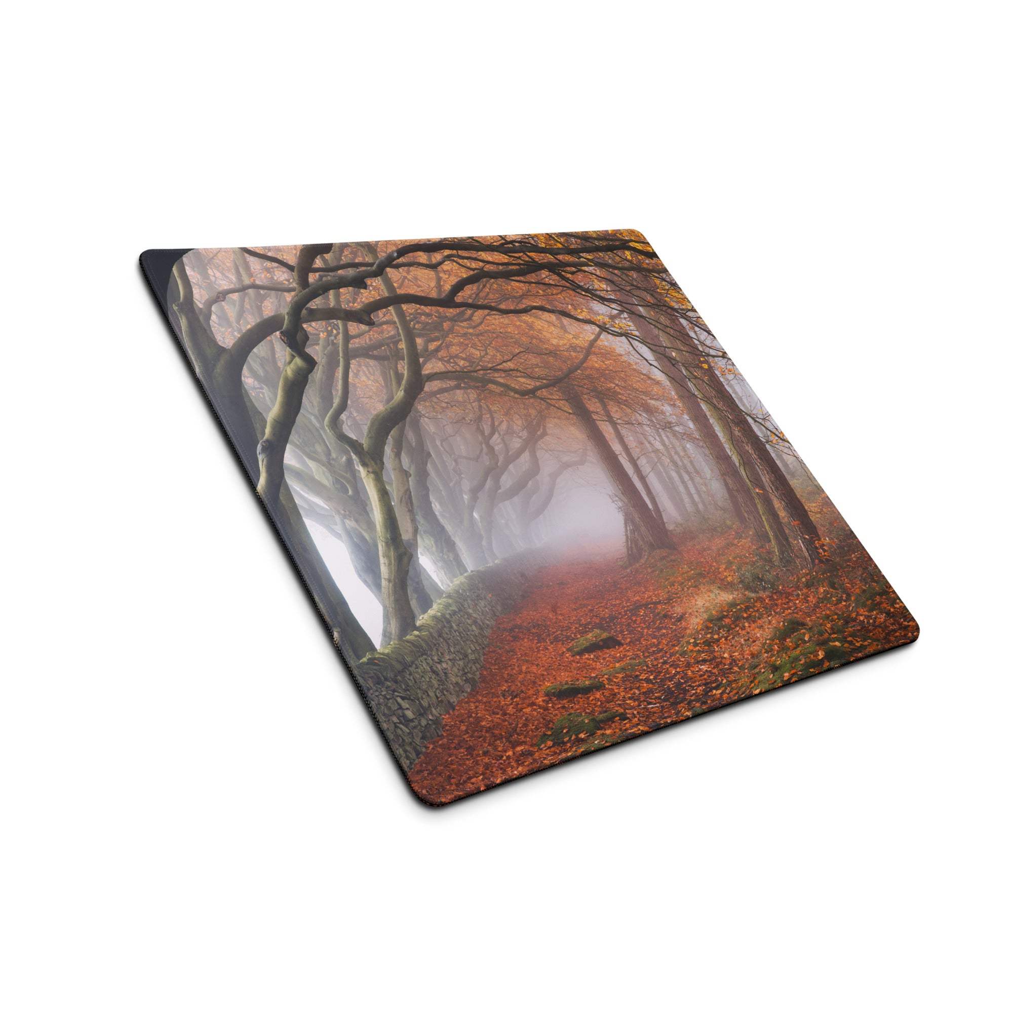 Large nature-inspired autumn forest path gaming mouse pad with misty trees and path