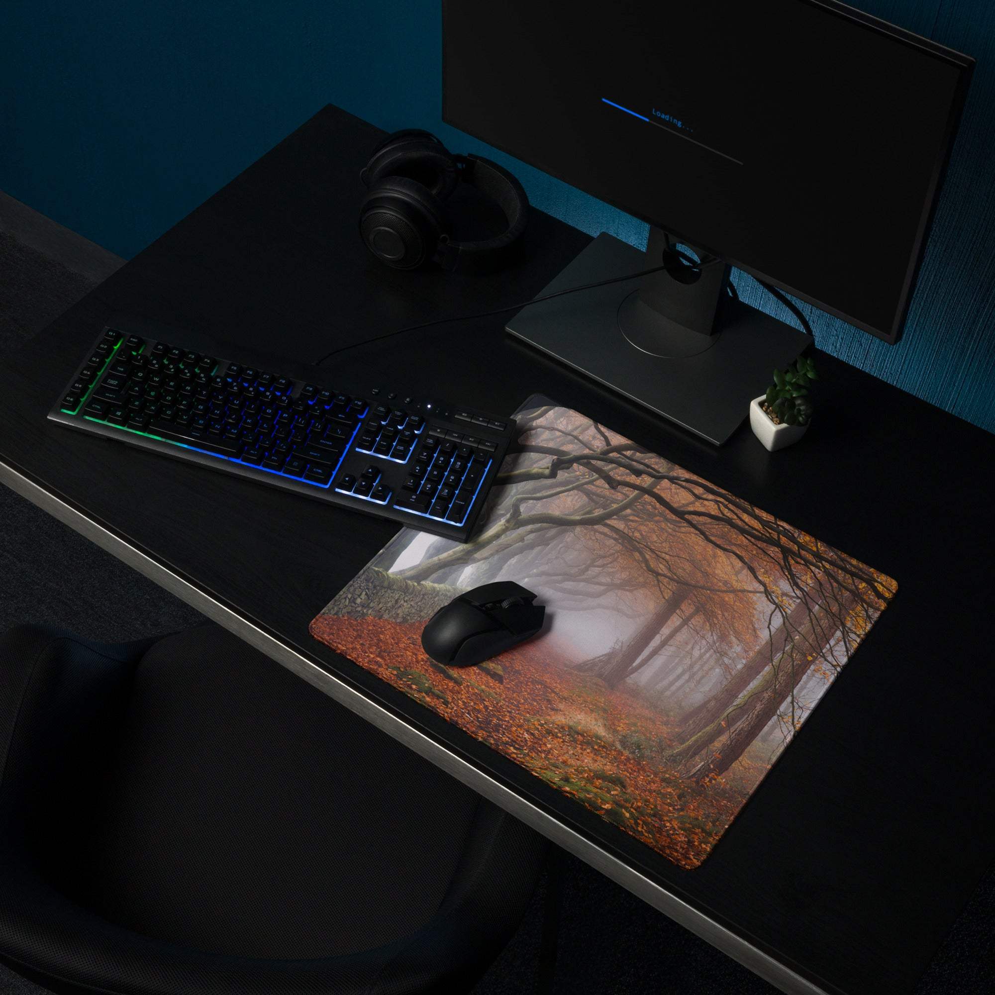 Nature inspired autumn forest path gaming mouse pad with misty trees and leaves