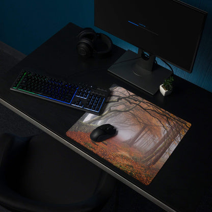 Nature inspired autumn forest path gaming mouse pad with misty trees and leaves