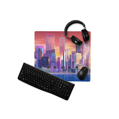 Vibrant sunset cityscape gaming mousepad with black keyboard and headset