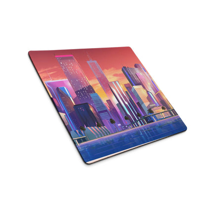 Sunset Cityscape gaming mouse pad with non-slip base, large square design