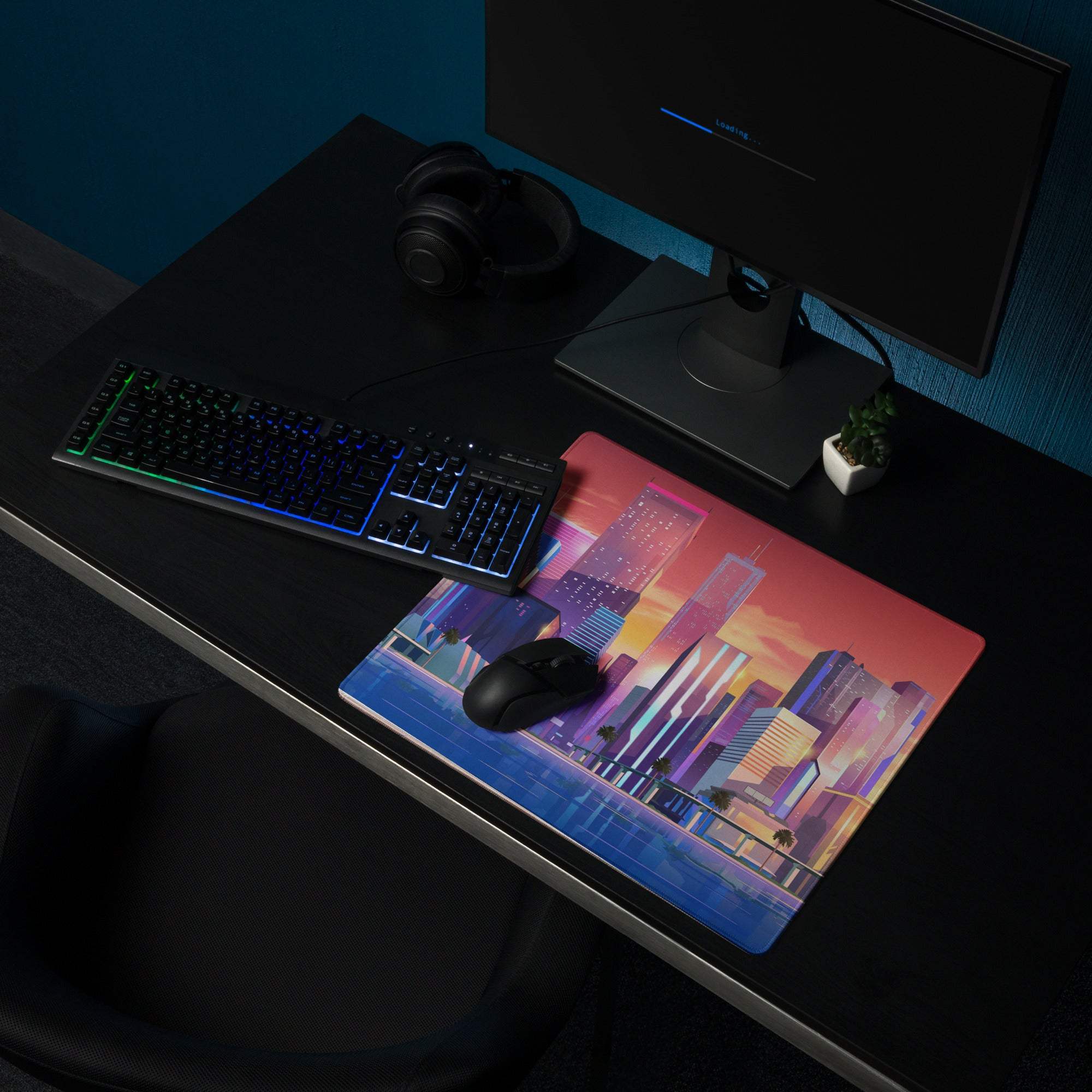 Vibrant neon sunset cityscape gaming mousepad with glossy finish, non-slip base