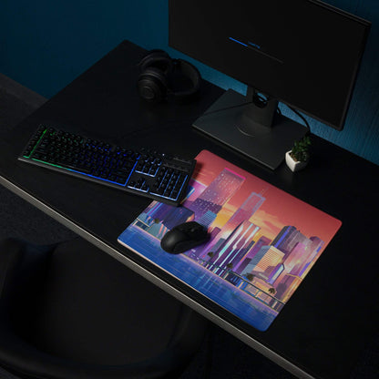 Vibrant neon sunset cityscape gaming mousepad with glossy finish, non-slip base