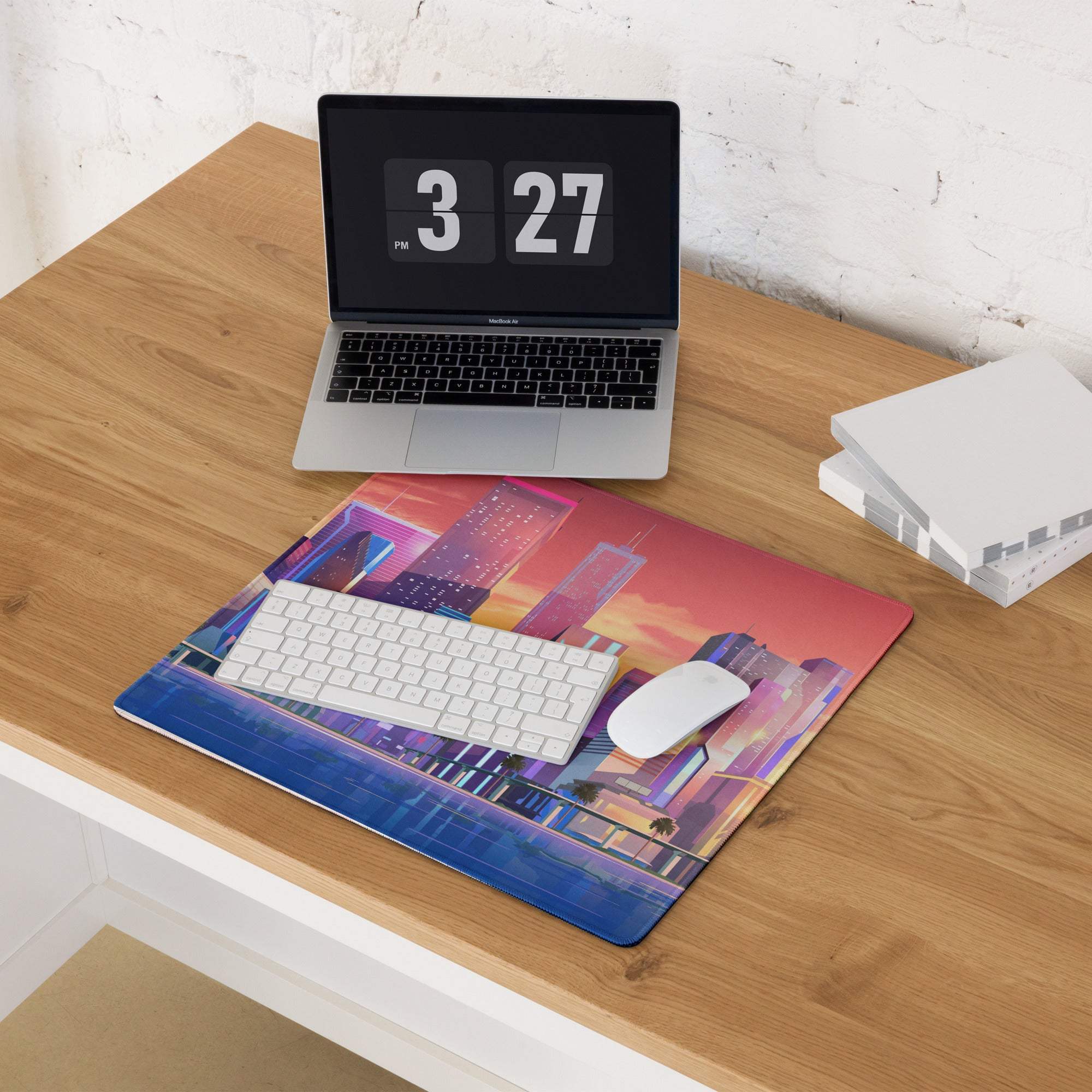 Vibrant sunset cityscape gaming mouse pad with neon lights, non-slip base, large size