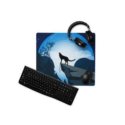 Blue wolf silhouette gaming mousepad with moon stars cliff scene
