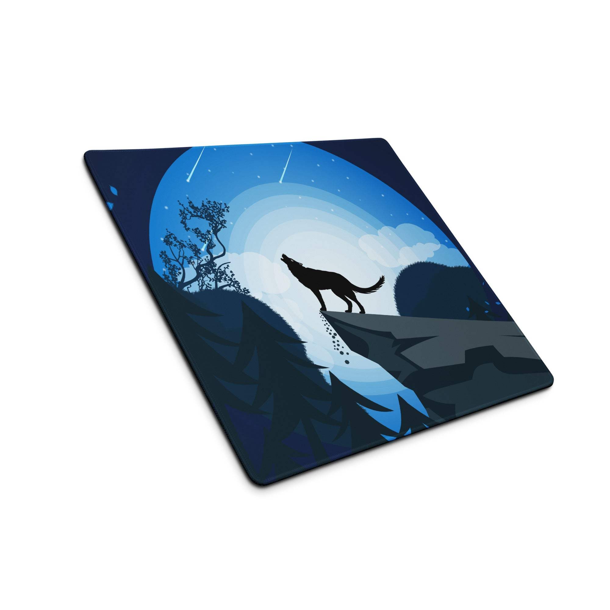 Blue black howling wolf silhouette mousepad with starry meteors night sky