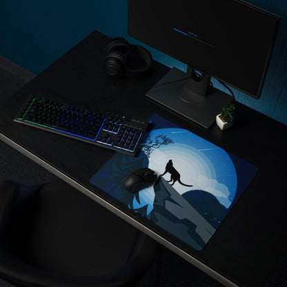 Blue wolf howling on cliff gaming mouse pad with moonlit mountain scene