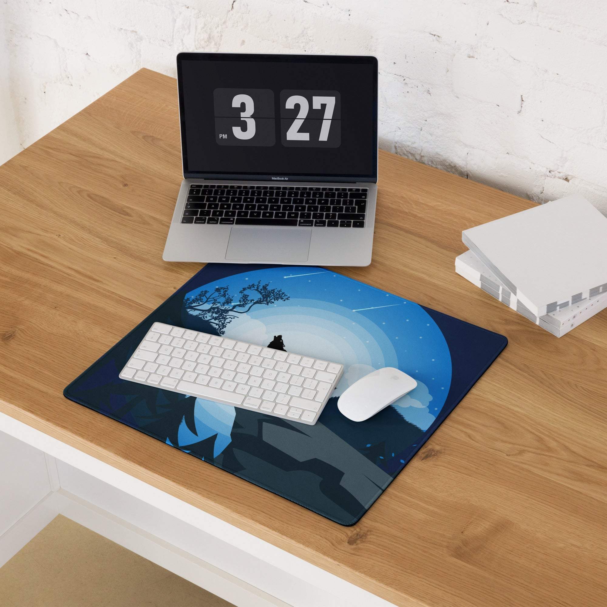 Blue night scene mousepad with moonlit wolf howling on cliff