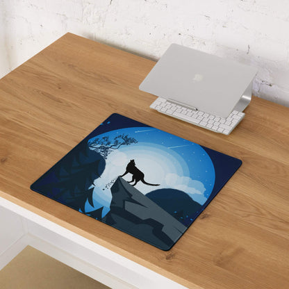 Blue wolf howling on cliff gaming mouse pad with moonlit night scene