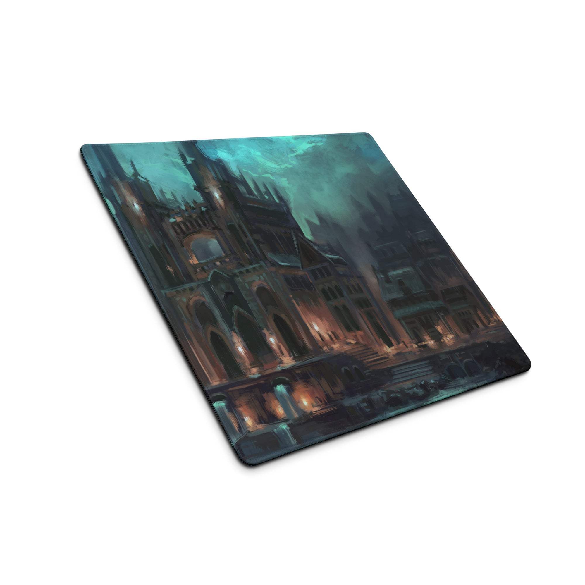 Moody gothic cathedral mousepad with teal sky and non-slip backing
