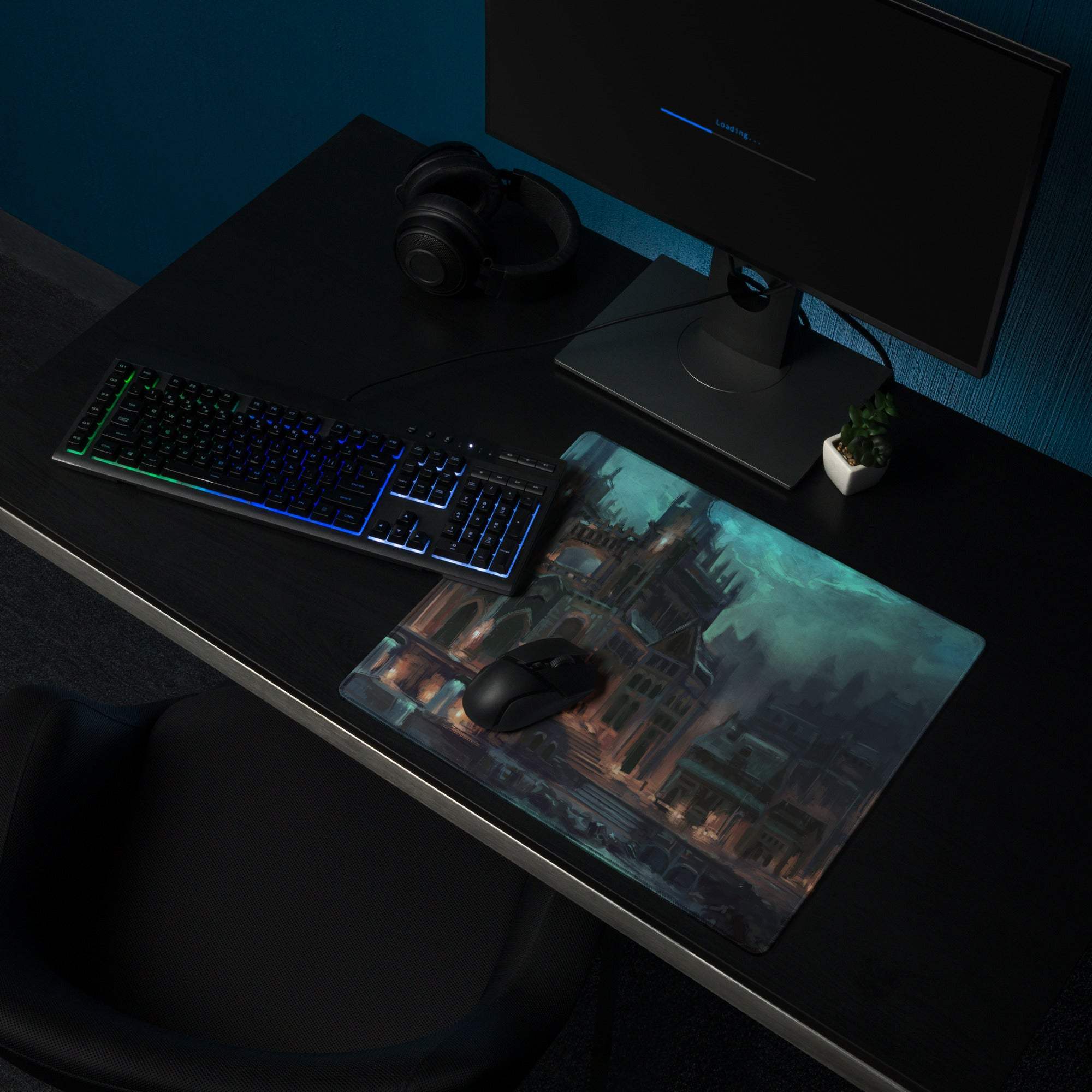 Moody gothic cathedral gaming mousepad with teal sky and non-slip backing
