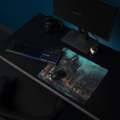Moody gothic cathedral gaming mousepad with teal sky and non-slip backing
