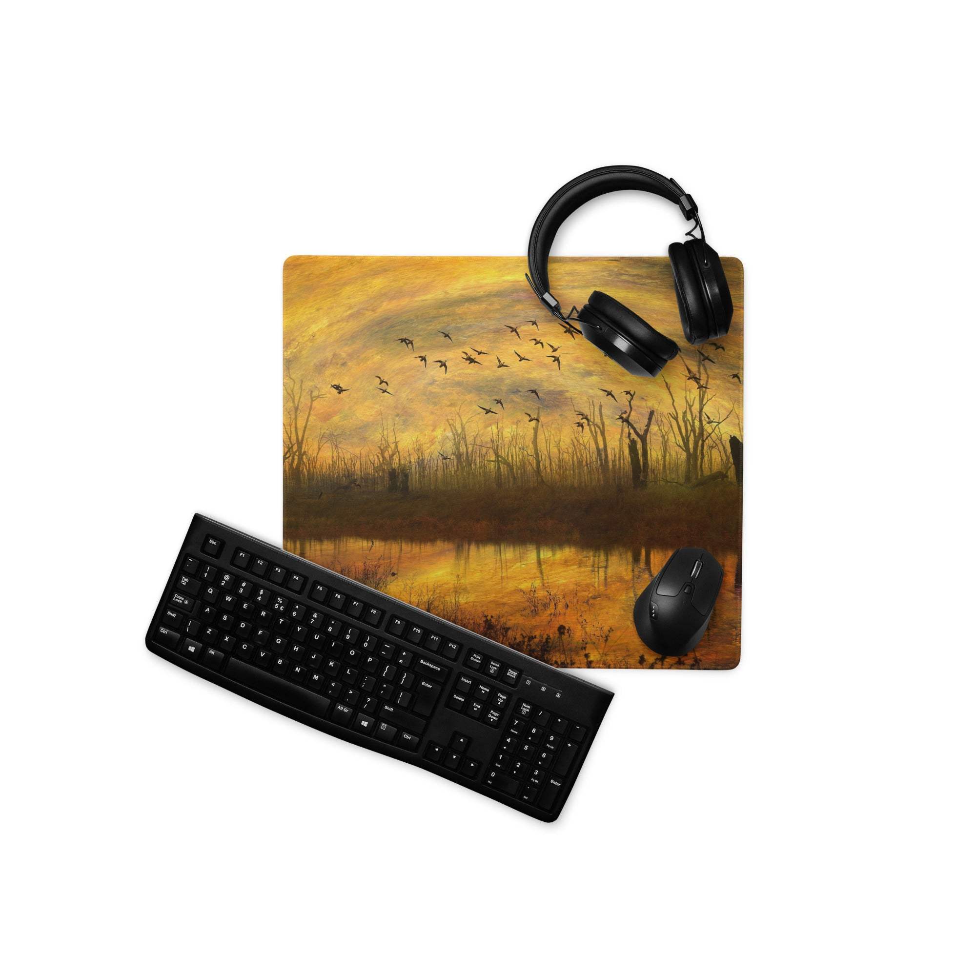 Impressionist sunset landscape with birds in golden tones gaming mouse pad